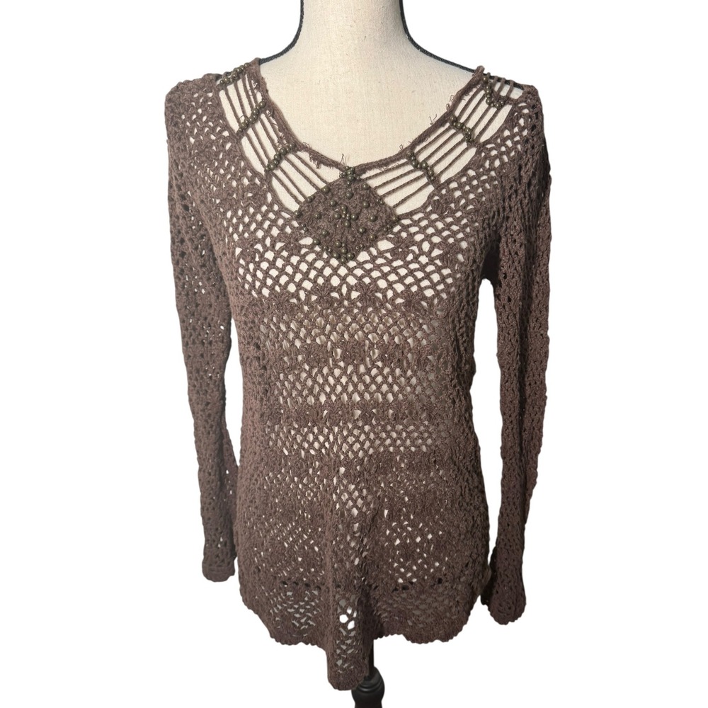 Crochet Knit Top Brown Beaded‎ Embellished Long Sleeve Bohemian Blouse Small